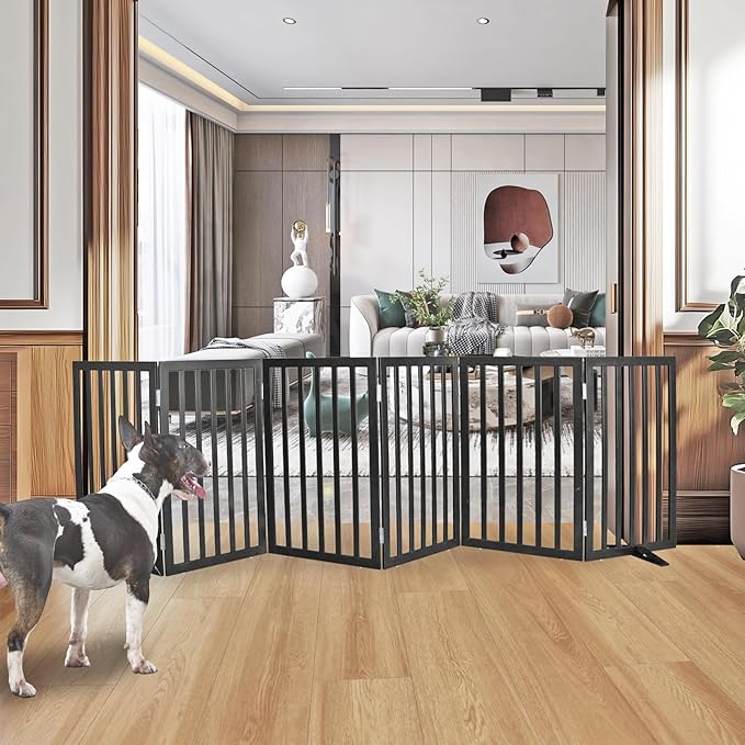 ZJSF Freestanding Indoor Dog Gate for House Foldable Wood Puppy Gate for Doorways Pet Gate for Stairs Extra Wide Pet Fence, Black, 32" Height 6 Panels