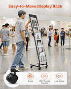 VEVOR Brochure Display Rack, Narrow 6-Tier Magazine Literature Display Stand with Wheels, Metal Floor Standing Magazine Rack, Movable Newspaper Catalog Holders for Shop Exhibitions Office (6 Pockets)