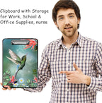 Clipboard with Storage, High Capacity Plastic Storage Clipboard with Low Profile Clip for Women Teachers Work, School & Office Supplies, Cute Pattern Decorative Clipboards, Hummingbird