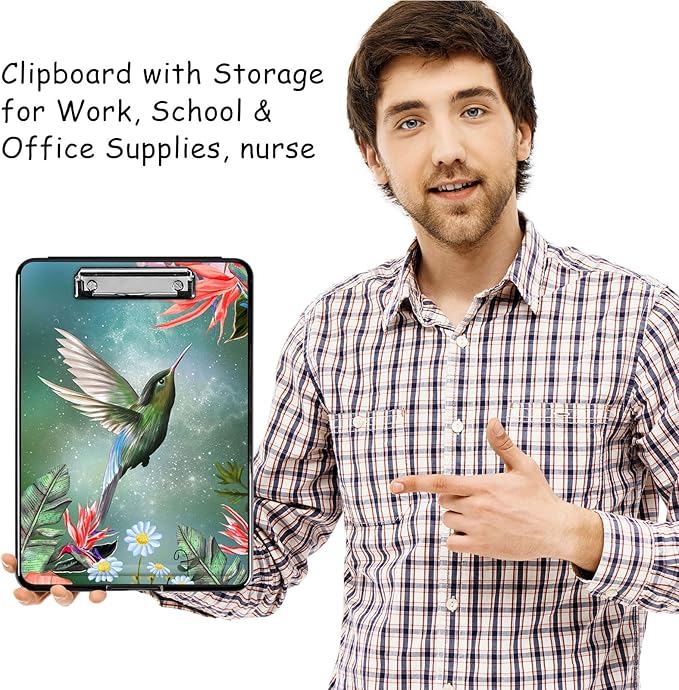 Clipboard with Storage, High Capacity Plastic Storage Clipboard with Low Profile Clip for Women Teachers Work, School & Office Supplies, Cute Pattern Decorative Clipboards, Hummingbird