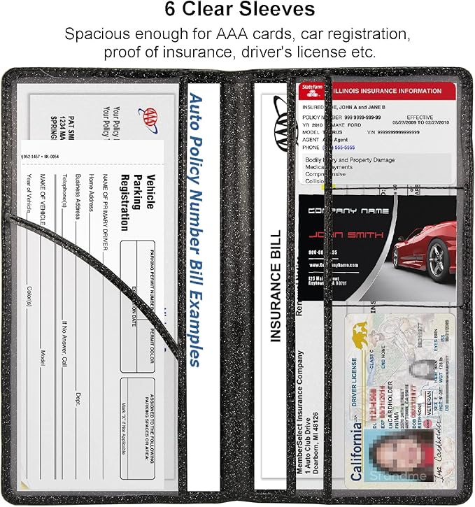 Car Registration and Insurance Holder, Leather Magnetic Shut Vehicle Glove Box Organizer for Document, Card, Driver License, Glitter Black