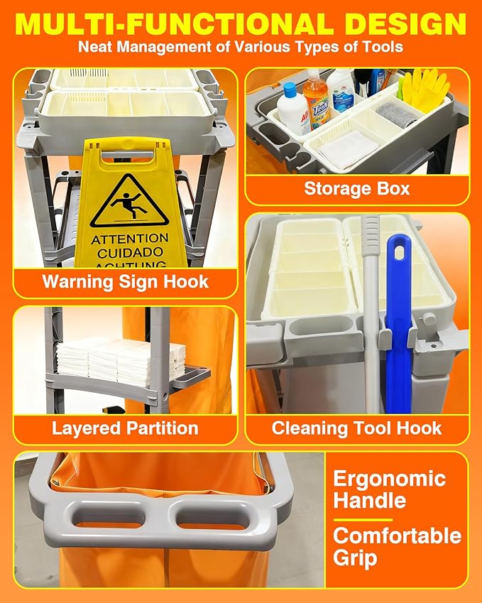 PYY Cleaning Carts On Wheels - Janitorial Cart w/ 3-Shelf & 2 Bins, Smooth Swivel Caster, 65L Collection Bag, 300LBS Load Capacity, Sturdy Cleaning Cart for Housekeeping, Janatorial Cleaning (Gray)