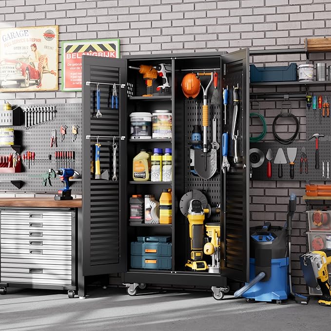 Aobabo Metal Broom Closet Storage Cabinets,Steel Mop and Broom Cabinet with Adjustable Shelves,Lock,Pegboards and Wheels,Assembly Required,Black