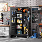 Mop and Broom Closet Storage Cabinet with Wheels and Pegboard,Metal Garage Storage Cabinet with Doors and Adjustable Shelves for Garage Home,Required Assembly,Black