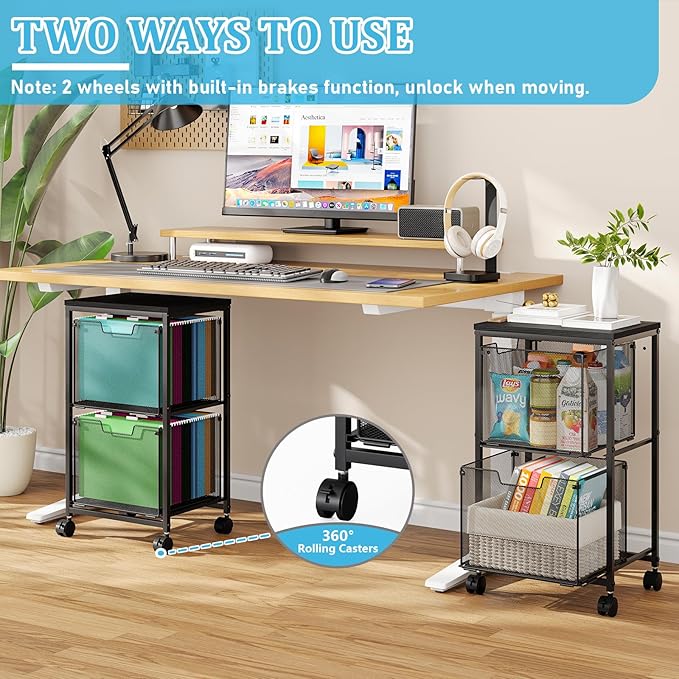 Rolling File Cart with 2 Storage Drawers, File Cabinet with Wheels, Hanging File Folder Organizer, Under Desk Storage, Printer Stand Utility Cart Filing Cabinet for Home Office,Black
