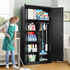 Wide & Deep Metal Storage Cabinet with Hanging Rod,Black Broom Closet Storage Cabinet with Lock,72" Tall Wardrobe Cabinets with Doors and Shelves,Locking Steel Tool Cabinets for Home,Office,Garage