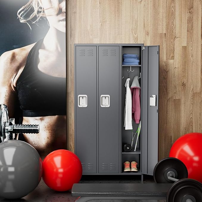 Metal Storage Locker, 72" inch Tall Employee Locker with 3 Doors for Employees School Hospital Garage Gym Home Office with Hooks Requires Assembly (Dark Gray)
