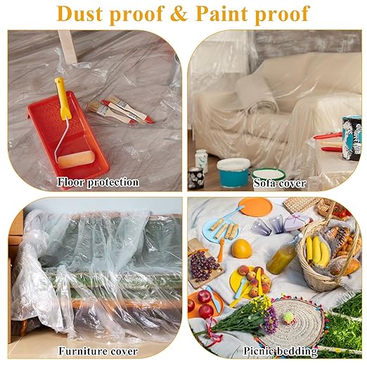 4 Rolls 8.8 x 65 Feet Plastic Sheeting Pre-Taped Masking Film Drop Cloth for Painting, Automotive Covering and Appliance Protection