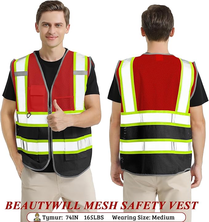 BeautyWill Custom Safety Vest Customized Logo Mesh Vest Class2 High Visibility Reflective Vest with Pockets Workwear（Red Black，M ）