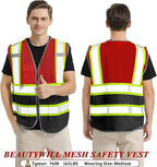 5 Pack Custom Safety Vest Customized Logo Mesh Vest Class 2 High Visibility Reflective Vest with Pockets Workwear（Red Black，M ）