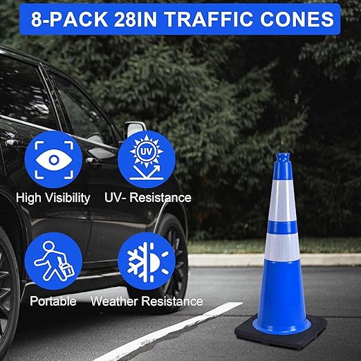 OrangeStar 28" Traffic Cones 8-Pack Blue Safety Cones with Reflective Collars, Heavy Duty Base for Construction, Parking Lot, Road Work, Flexible PVC, Indoor & Outdoor Use
