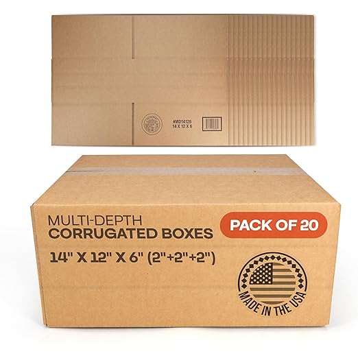Multi-Depth Corrugated Shipping Boxes, 14"L x 12"W x 6"H, 20-Pack - USA-Made Boxes for Moving, Storage & Small Business Packaging - Heavy-Duty Cardboard Bines for Household & Office by IDL Packaging