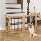 Wire Dog Gate Solid Wood Frame, Anti-Chewing, 4-Panel, 24" Height, 80" Width, Indoor Freestanding Pet Gate Foldable Wooden Dog Fences for Stairs, House, Doorway, Oak Color