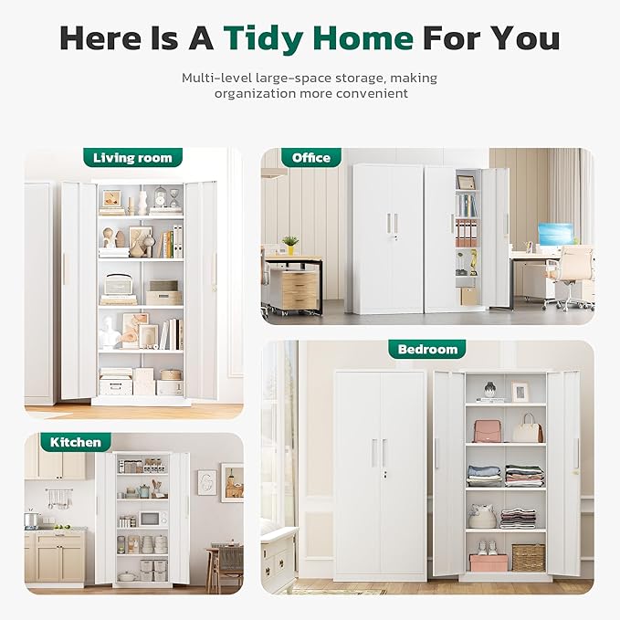 Greenvelly 63" H Metal Storage Cabinet White, Locking Metal Cabinet, Store Tools, Clothes, Tableware and Toiletries, Garage Cabinets with Adjustable Shelves for Office, Home, Garage, Pantry