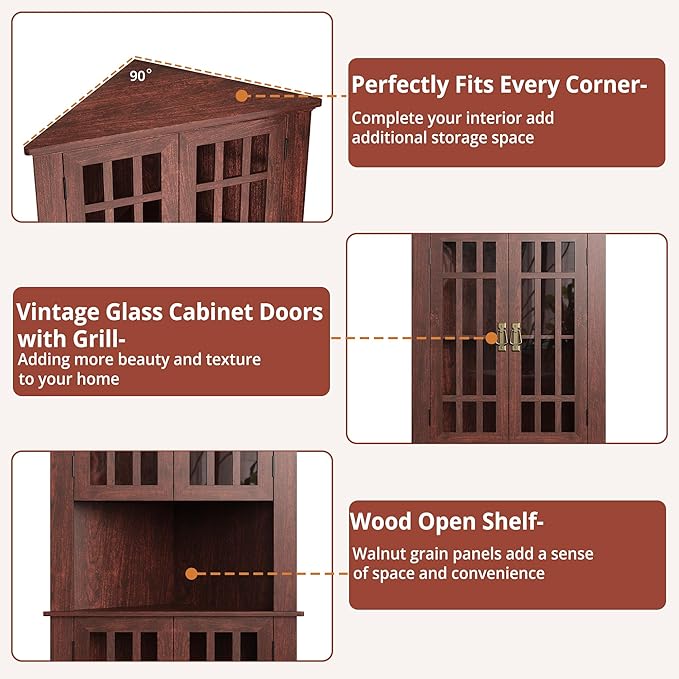 IRONCK Corner Cabinet, 71" H Tall Corner Storage Cabinet with 4 Glass Doors and 5 Shelves, Home Space Saver for Bathroom, Living Room, Mid Century Design, Red Walnut