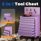 INTERGREAT 7 Drawers Rolling Tool Box with Pegboard,Portable Tool Chest with Wheels, Tool Box Organizer with Locking System for Garage, Purple