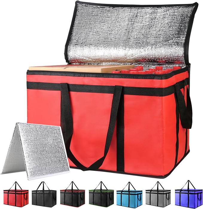 XXXL Insulated Food Delivery Bag - Reusable Thermal Cooler Grocery Bags for Catering&Delivery, Pizza Carrier for Events, Large Capacity Bag Keeps Food Hot/Cold for Shopping, Commercial (Red with Base)