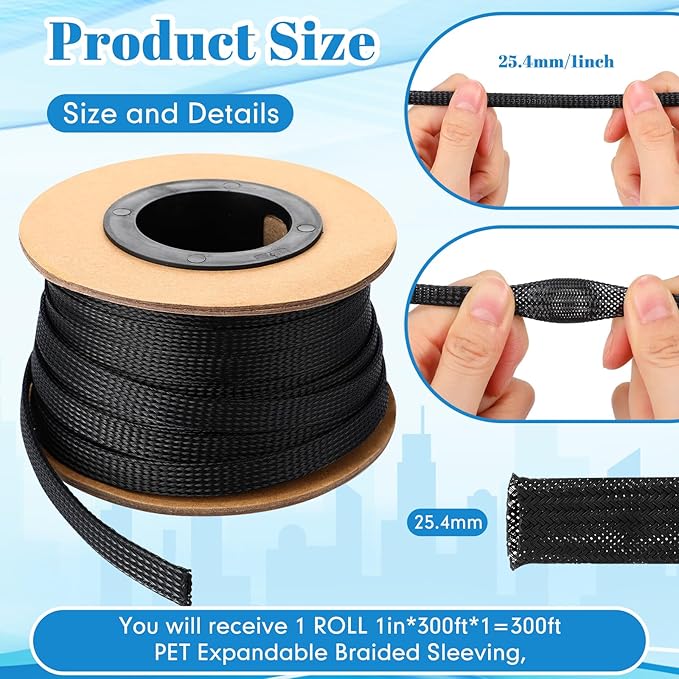 Pangda 300 Feet 1 Inch Wire Loom Pet Expandable Braided Sleeving Braided Sleeve for TV, Computer, Home Theater (Black)