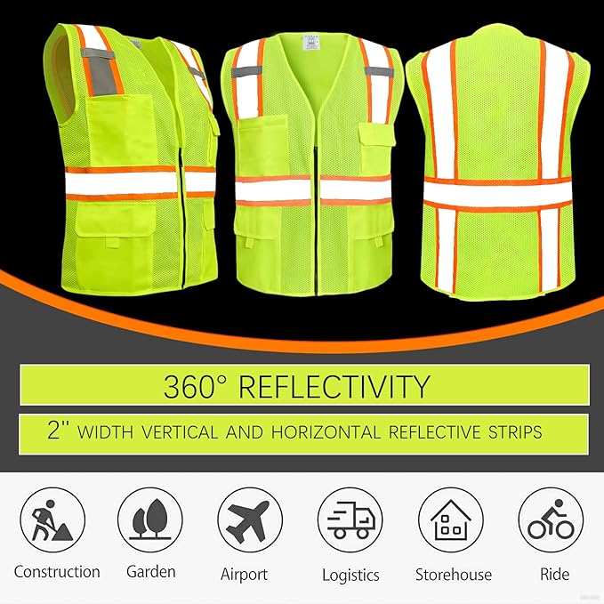 BeautyWill Custom Safety Vest Customized Logo Class 2 High Visibility Reflective Vest with Pockets Construction workwear