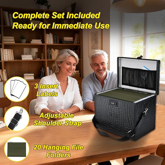File Storage Cabinet File Organizer Document Organizer File Box in Office and Home with Combination Lock with 20 Letter Size Hanging Files (Aligator Black)