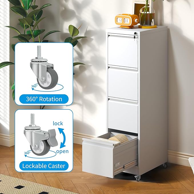 4-Drawer Mobile File Cabinet with Lock and Wheels, Tall Vertical Filing Cabinets Steel Rolling Storage Cabinet for Home Office Legal/Letter/A4 Files, Require Assembly (White)