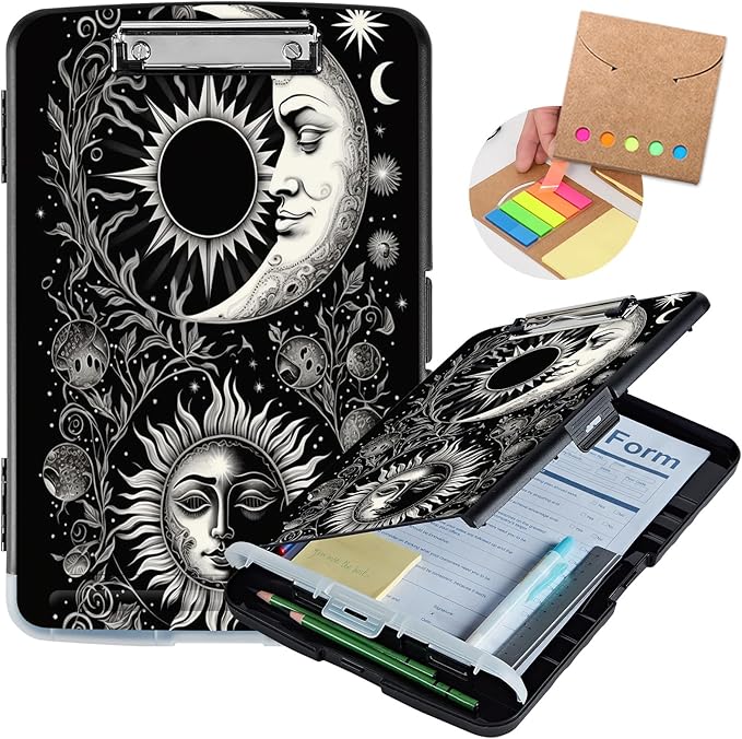 Clipboard with Storage,Heavy Duty Plastic Storage Clipboard with Low Profile Clip,Teacher Must Haves,Office Supplies,Soon Moon Stars Black