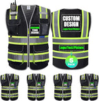 BeautyWill 5 Pack Safety Vest Class2 ANSI Certified Custom Logo High Visibility Reflective Vest for Men -10 Pockets Personalized Logo Heavy-Duty Work Vest（Mesh Black，3XL）