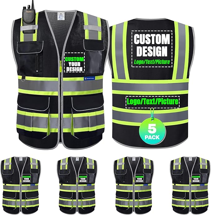 BeautyWill 5 Pack Safety Vest Class2 ANSI Certified Custom Logo High Visibility Reflective Vest for Men -10 Pockets Personalized Logo Heavy-Duty Work Vest（Mesh Black，M）
