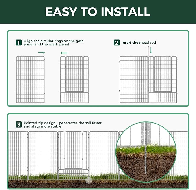 FXW Garden Fence Outdoor for The Yard – 50in(H) x 20.8ft(L) Heavy Duty Metal Animal Barrier for Dog and Rabbit, Decorative Dog Fence, 8 Panels, Silver