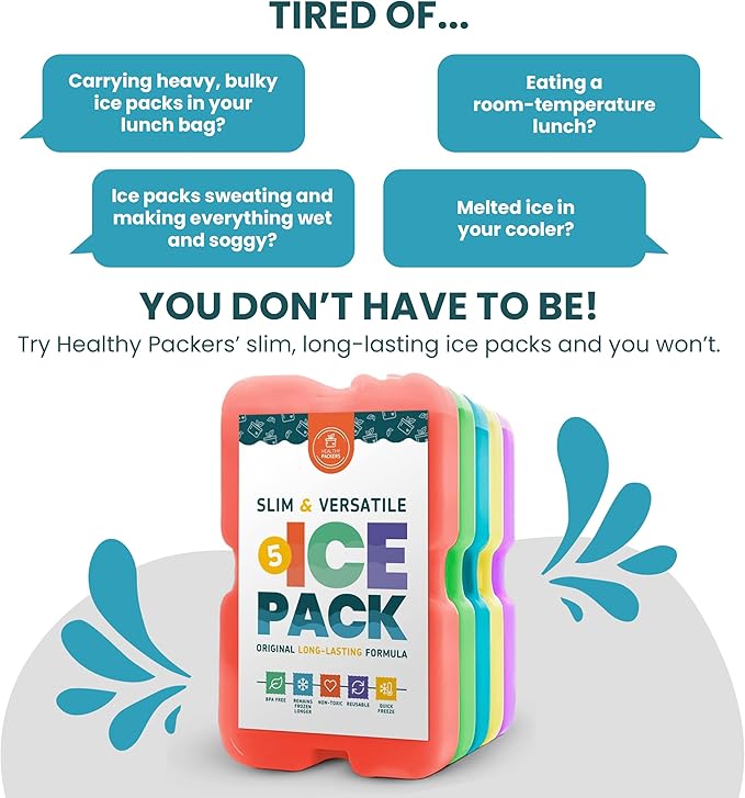 Healthy Packers Reusable Ice Packs for Lunch Boxes - Long Lasting Slim Freezer Packs, Thin Non-Toxic BPA-Free Hard Gel Ice Blocks for Coolers, Kids & Adults Lunch Bags, Travel, Camping, Food Storage