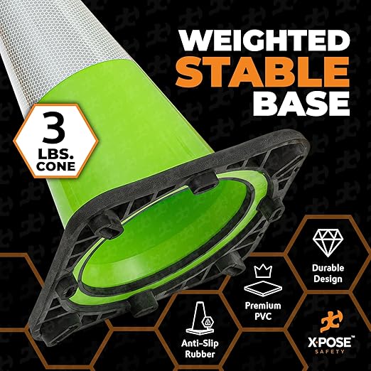 Xpose Safety 18” Lime Green Traffic Cone - 6" Reflective Collar – 24 Pack Multipurpose Premium PVC Safety Cone for Parking, Caution, Construction, Road Crews, Emergency Vehicle - DOT Approved