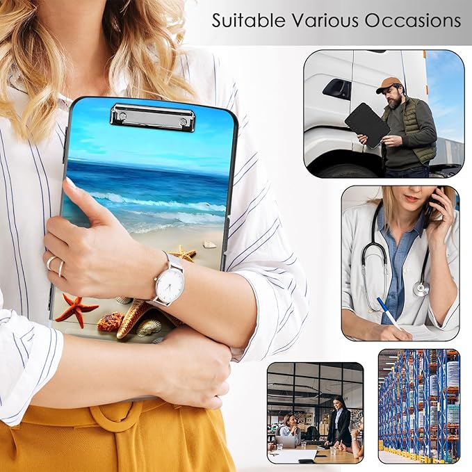 Clipboard with Storage,Office Supplies Nursing Clipboards Folder with Pen Holder Plastic Storage ClipBoard Foldable for Teacher Nurse,Beach Starfish