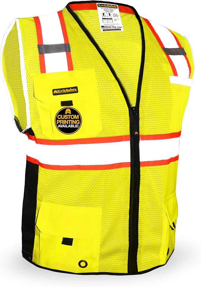 KwikSafety - Charlotte, NC - BIG KAHUNA Safety Vest [11 Pockets] Class 2 ANSI OSHA Reflective Vest Durable High Visibility Vest Construction Safety Vest for Men Industrial Work Gear/Yellow Large