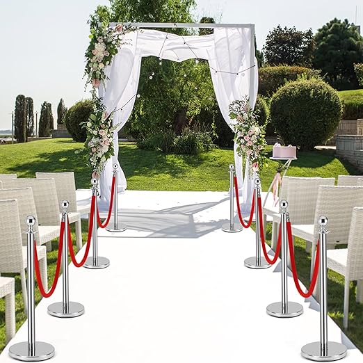 6 PCS Stainless Steel Stanchion Post,5Ft Red Velvet Rope, Hollow Base and Velvet Ropes Safety Barriers Set, Poles Crowd Control Barriers for Red Carpet Themed Decoration