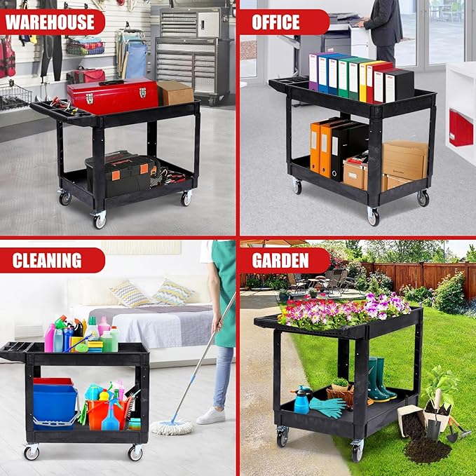 Industrial 2-Shelf Rolling Cart, 550 lbs Capacity Utility Cart with Locking Wheels, Large Plastic Service Cart for Warehouse Garage Workshop Kitchen Commercial Use, Black
