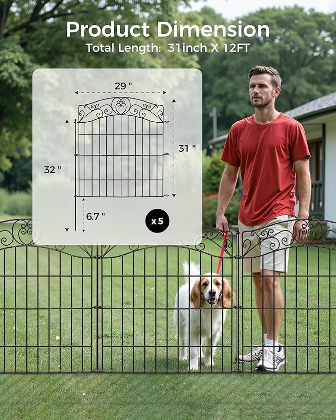 5 Panels No Dig Decorative Outdoor Garden Fence with Gate, 32 in(H) X 11.8 ft(L) Animal Barrier Fencing, Rustproof Portable Fence, Temporary Dog Fence Outdoor for Yard, Outside, Backyard