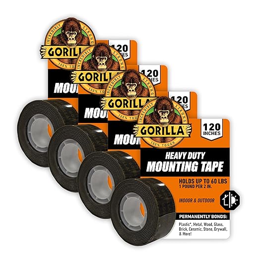 Gorilla Heavy Duty Double Sided Mounting Tape, Black Tape, 1" x 120" (Pack of 4) - Weatherproof for Indoor or Outdoor