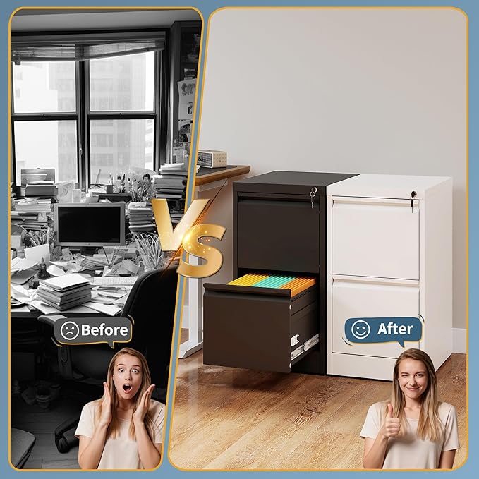 2 Drawer File Cabinet with Lock, Vertical Filing Cabinets for Home Office, Metal Storage Cabinets, Heavy Duty File Cabinet for Letter/Legal/A4/F4 Size Amssebly Required, White