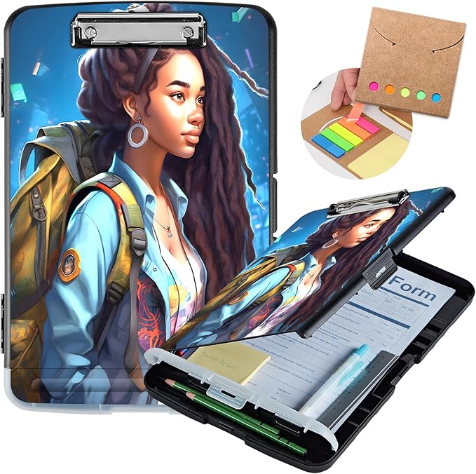 Clipboard with Storage,Storage Clipboard with Pen Holder,Heavy Duty Plastic Storage Clipboard with Low Profile Clip, Clipboard Folder, Teacher Must Haves, Office Supplies,Black Girl