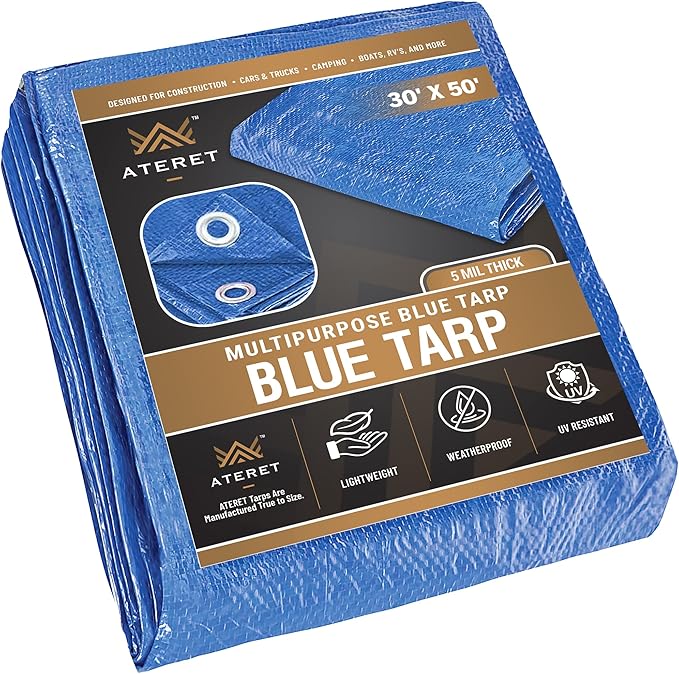 ATERET Multi-Purpose Blue Tarp Cover I Waterproof, 5-Mil Thick Plastic Poly with Grommets Eyes for Secured Tie Down I Great Idea Use for Roof, Camping, Patio, Canopy, Boat, Tent & Camping (30' x 50')