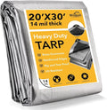 Tarp 20x30 Feet 14 Mil Heavy Duty Waterproof Tarp, Large Multipurpose Cover with Brass Grommets and Reinforced Edges, UV Resistant Thick Poly Tarps for Outdoor Camping Tent Pool Car