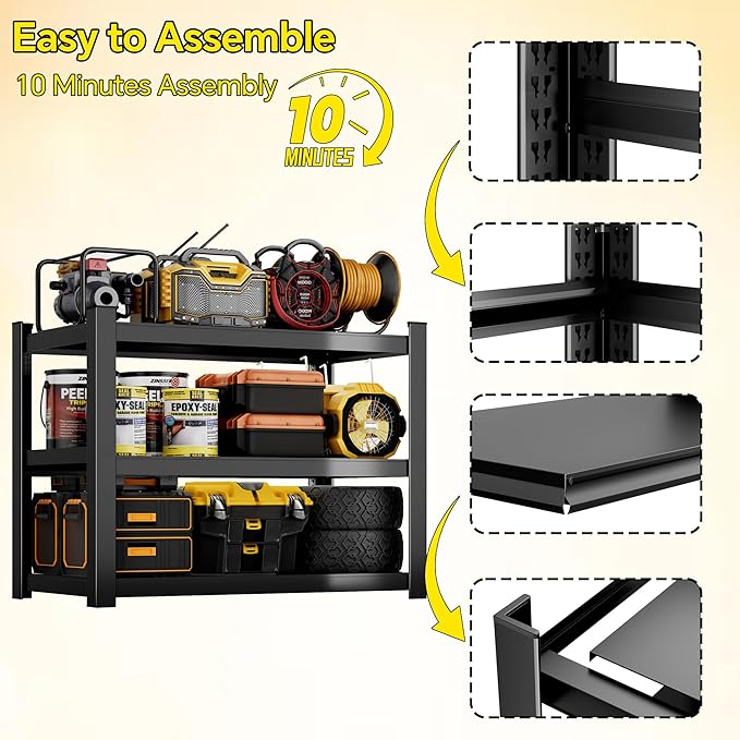 CJF Metal Storage Shelves, 3-Tier Garage Shelving Unit, Heavy Duty Adjustable Metal Shelving for Garage, Basement, Pantry, Warehouse-Black (36 "H x 36" W x 16" D)