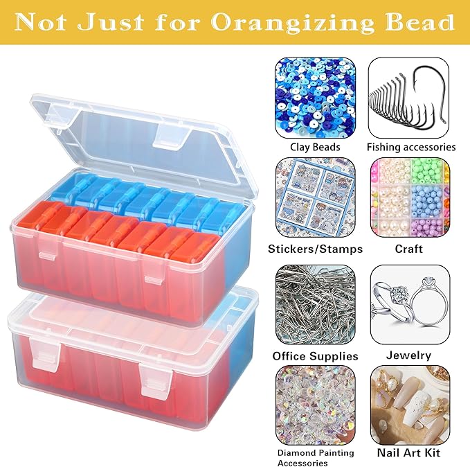 Mathtoxyz Small Bead Organizers(Red, Blue), 15 Pieces Plastic Storage Cases Mini Clear Bead Storage Containers Transparent Boxes with Hinged Lid and Rectangle Clear Craft Supply Case