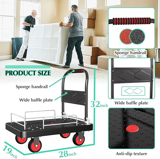 Platform Truck Cart with 3 Fence, 28"x19" Flatbed, 1100lbs Capacity Heavy-Duty Foldable Push Dolly Cart with Swivel Wheels, Foldable & Portable for Groceries, Garage,Home,Office Use, Black