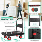 Platform Truck Cart with 3 Fence, 28"x19" Flatbed, 1100lbs Capacity Heavy-Duty Foldable Push Dolly Cart with Swivel Wheels, Foldable & Portable for Groceries, Garage,Home,Office Use, Black