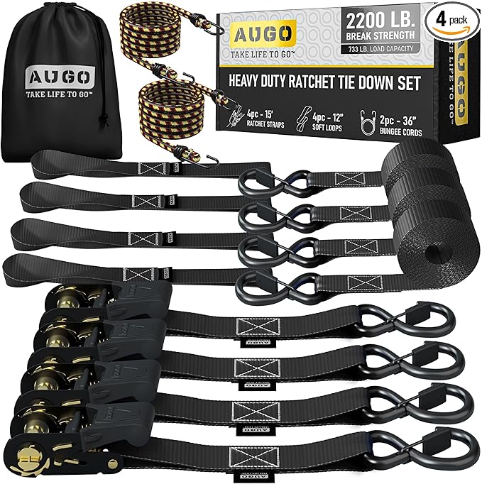 AUGO Ratchet Straps Heavy Duty 4 Pack -15 FT - 2200 LB Break Strength – Ratchet Tie Down Straps with Safety Lock S Hooks - Cargo Straps for Moving, Appliances, Motorcycle – Soft Loop Tie Down Straps