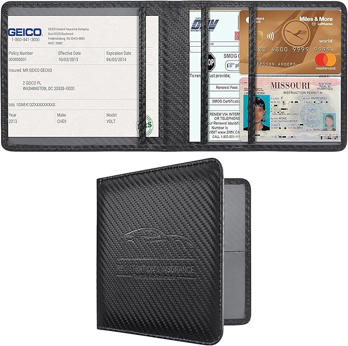 Car Registration and Insurance Holder, Premium Pu Leather Vehicle Glove Box Organizer - for Driver License, Cards & Essential Documents (Carbon Fiber Black)