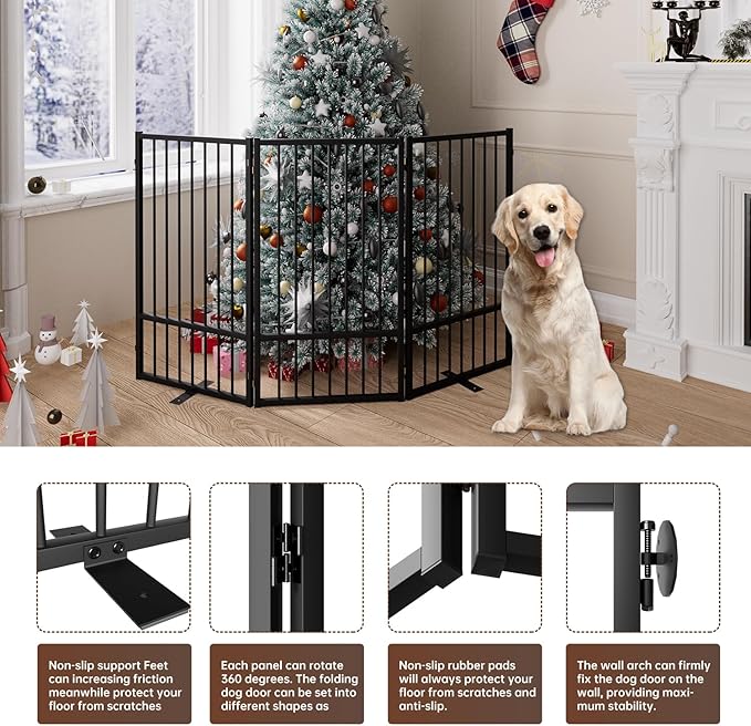 3 Panels Full Metal Freestanding Dog Gates, 60” W x 36” H Folding Pet Gate Fence with Support Feet for Indoor,Stairs, Hallways and Doorways(Black)