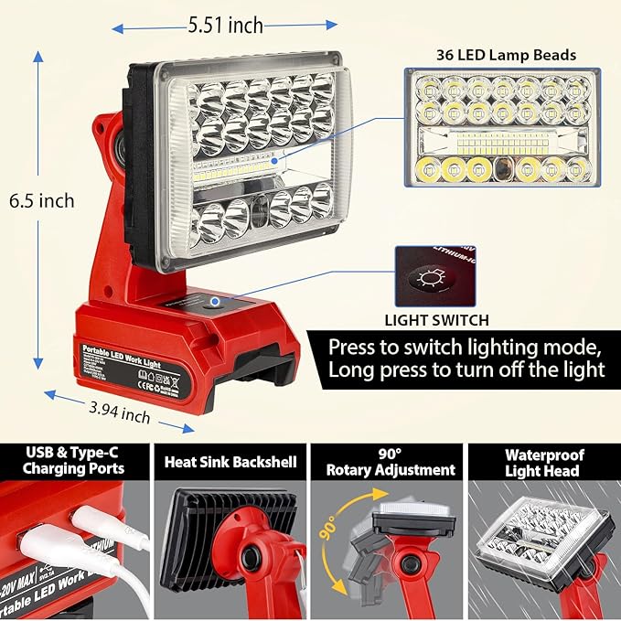 28W 2000LM Cordless LED Work Light for Milwaukee M18 18V Battery Portable Flood Lights for Outdoor Indoor Workshop Job Site, Floodlight & Spotlight Modes/Pivoting Head/USB Port(No Battery)