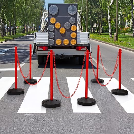 Geiserailie 12 Pack Crowd Control Stanchions Plastic Stanchions Poles with 5FT Plastic Chain Crowd Control Barrier with Fillable Base Traffic Delineator Post for Parking Lot Construction Cone (Red)
